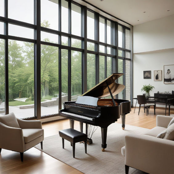 A modern living room with a sleek grand piano near large windows, blending elegance and light.