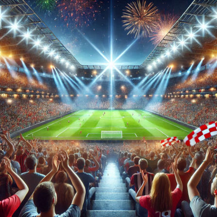 A packed stadium with fans cheering as dynamic music plays, enhancing the excitement of a live sports broadcast.