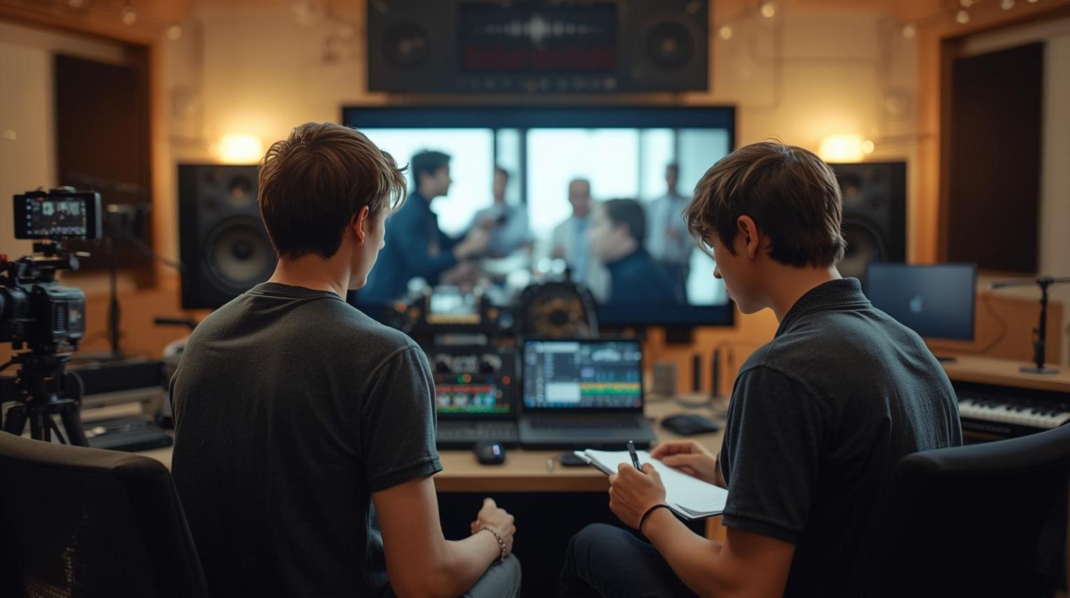 Two filmmakers collaborate in a bright studio mixing film visuals and sound.