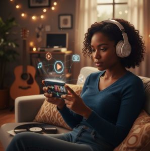 A girl listening to music with headphones on