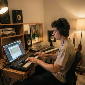 A cozy bedroom music studio with a laptop, MIDI keyboard, headphones, and a young artist producing music