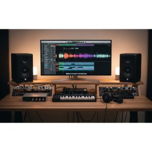 A sleek music production setup with minimal equipment, clean desk, studio monitors, and waveform on screen