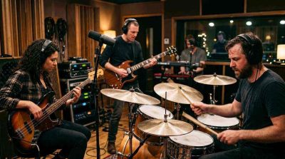 Musicians performing together in a modern recording studio, drummer keeping rhythm while other musicians play instruments