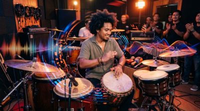 Musician performing with percussion instruments while abstract sound waves and rhythmic patterns surround the scene
